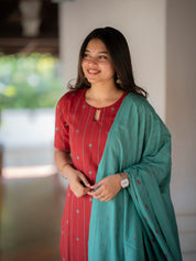 Brick Red Kurta Set with Aqua Blue Dupatta for Women Elegant Ethnic Wear