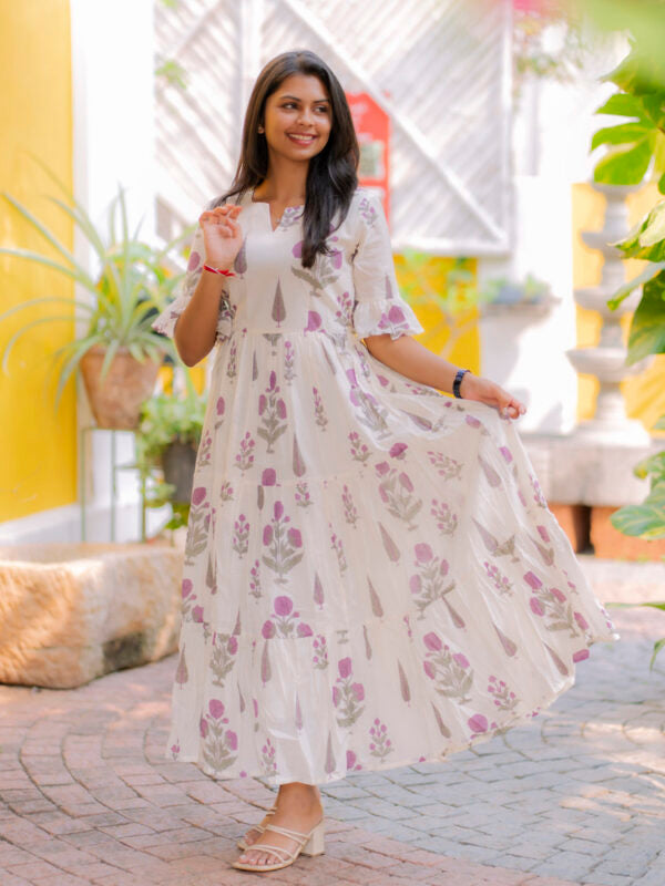 Ivory Blossom Printed Maxi Dress for Women Elegant Cotton Gown