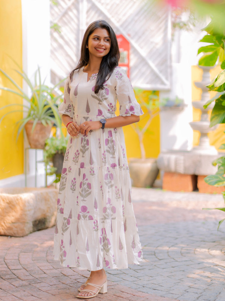 Ivory Blossom Printed Maxi Dress for Women Elegant Cotton Gown