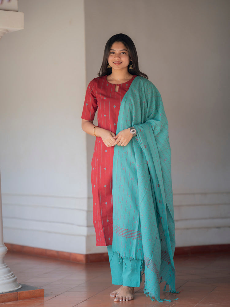 Brick Red Kurta Set with Aqua Blue Dupatta for Women Elegant Ethnic Wear