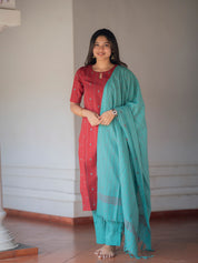 Brick Red Kurta Set with Aqua Blue Dupatta for Women Elegant Ethnic Wear