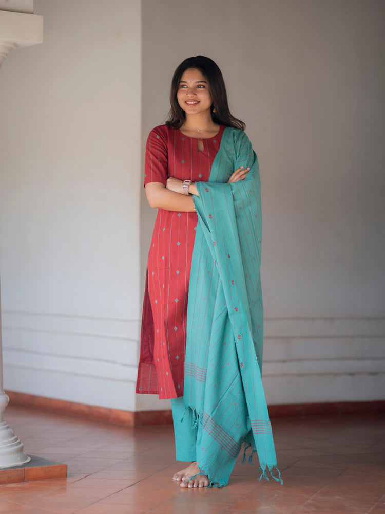 Brick Red Kurta Set with Aqua Blue Dupatta for Women Elegant Ethnic Wear