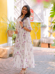Ivory Blossom Printed Maxi Dress for Women Elegant Cotton Gown