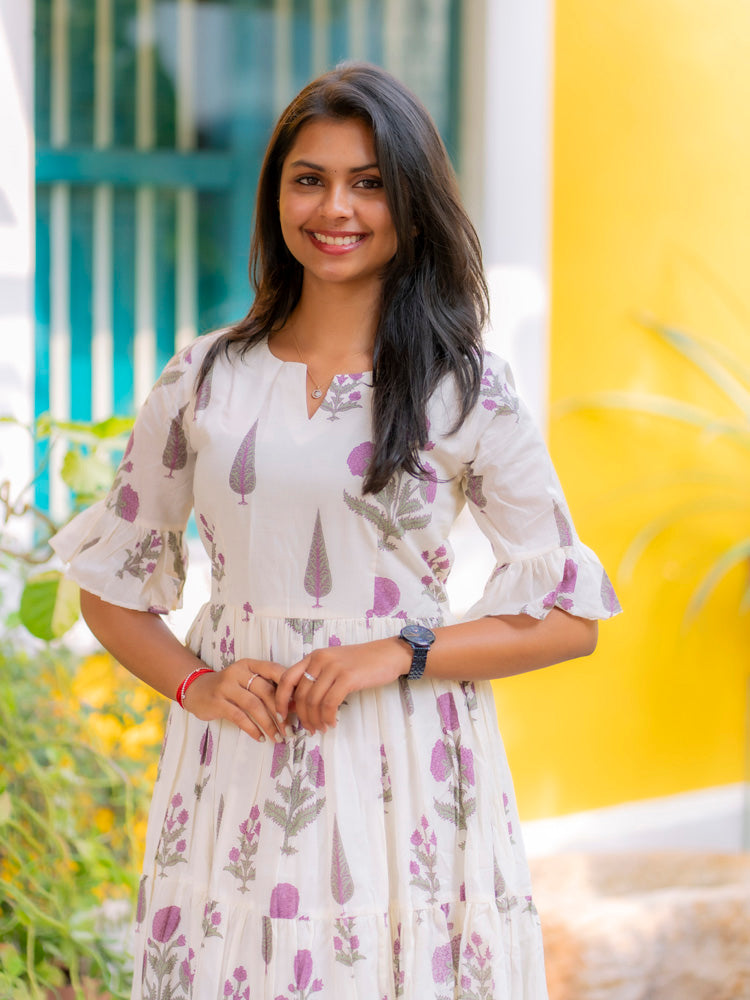 Ivory Blossom Printed Maxi Dress for Women Elegant Cotton Gown
