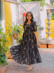 Midnight Charm Printed Maxi Dress for Women Elegant Black Flared Gown
