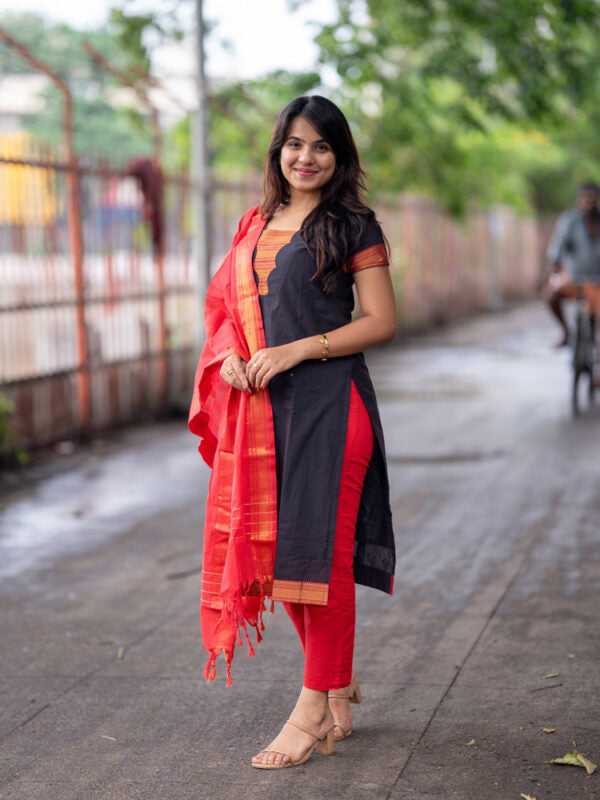 Black & Red Ethnic Kurta Pant Dupatta Set for Women Festive Traditional Wear