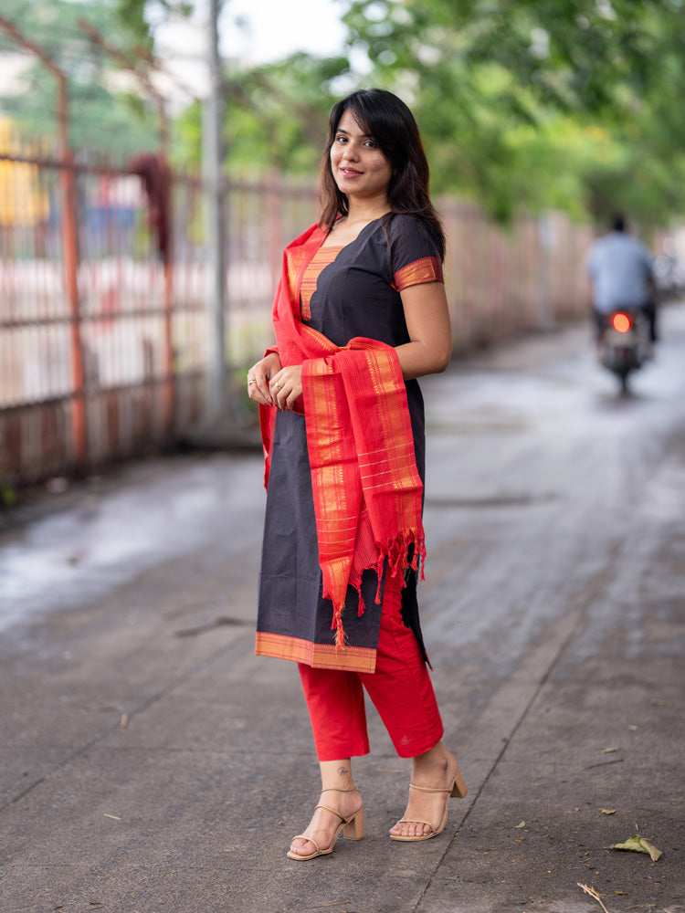 Black & Red Ethnic Kurta Pant Dupatta Set for Women Festive Traditional Wear