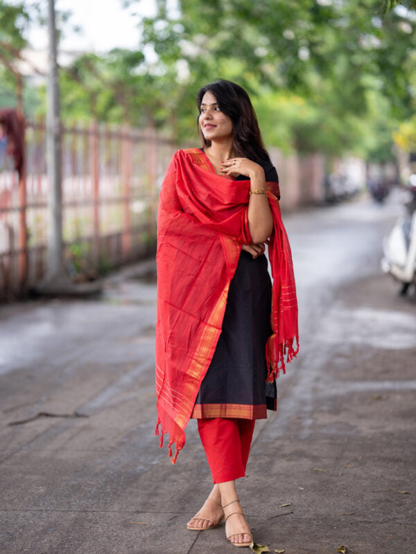 Black & Red Ethnic Kurta Pant Dupatta Set for Women Festive Traditional Wear