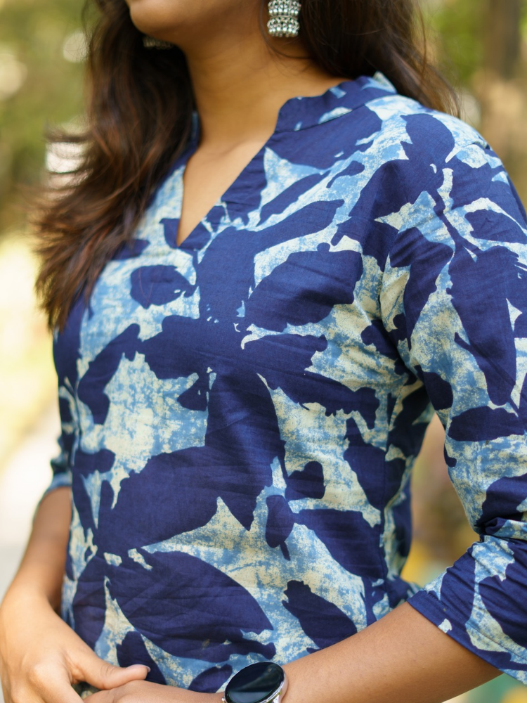 Indigo Leaf Printed Kurti for Women Casual Ethnic Cotton Wear