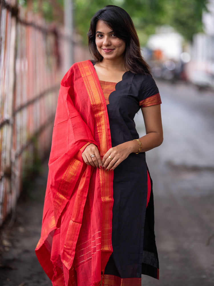Black & Red Ethnic Kurta Pant Dupatta Set for Women Festive Traditional Wear