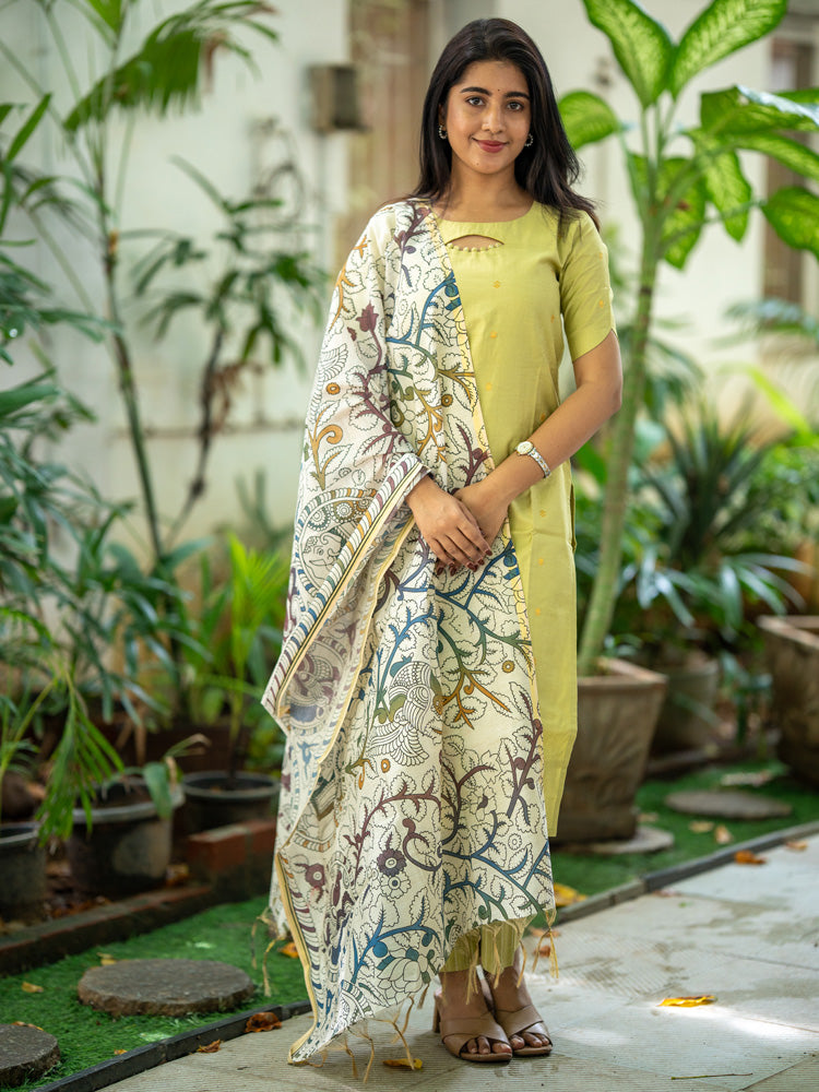 Lime Green Kurta Set with Floral Printed Dupatta for Women Elegant Ethnic Wear