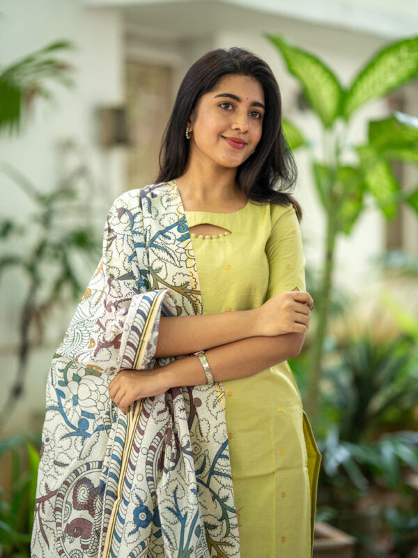 Lime Green Kurta Set with Floral Printed Dupatta for Women Elegant Ethnic Wear