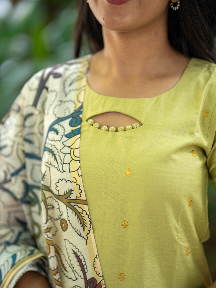 Lime Green Kurta Set with Floral Printed Dupatta for Women Elegant Ethnic Wear