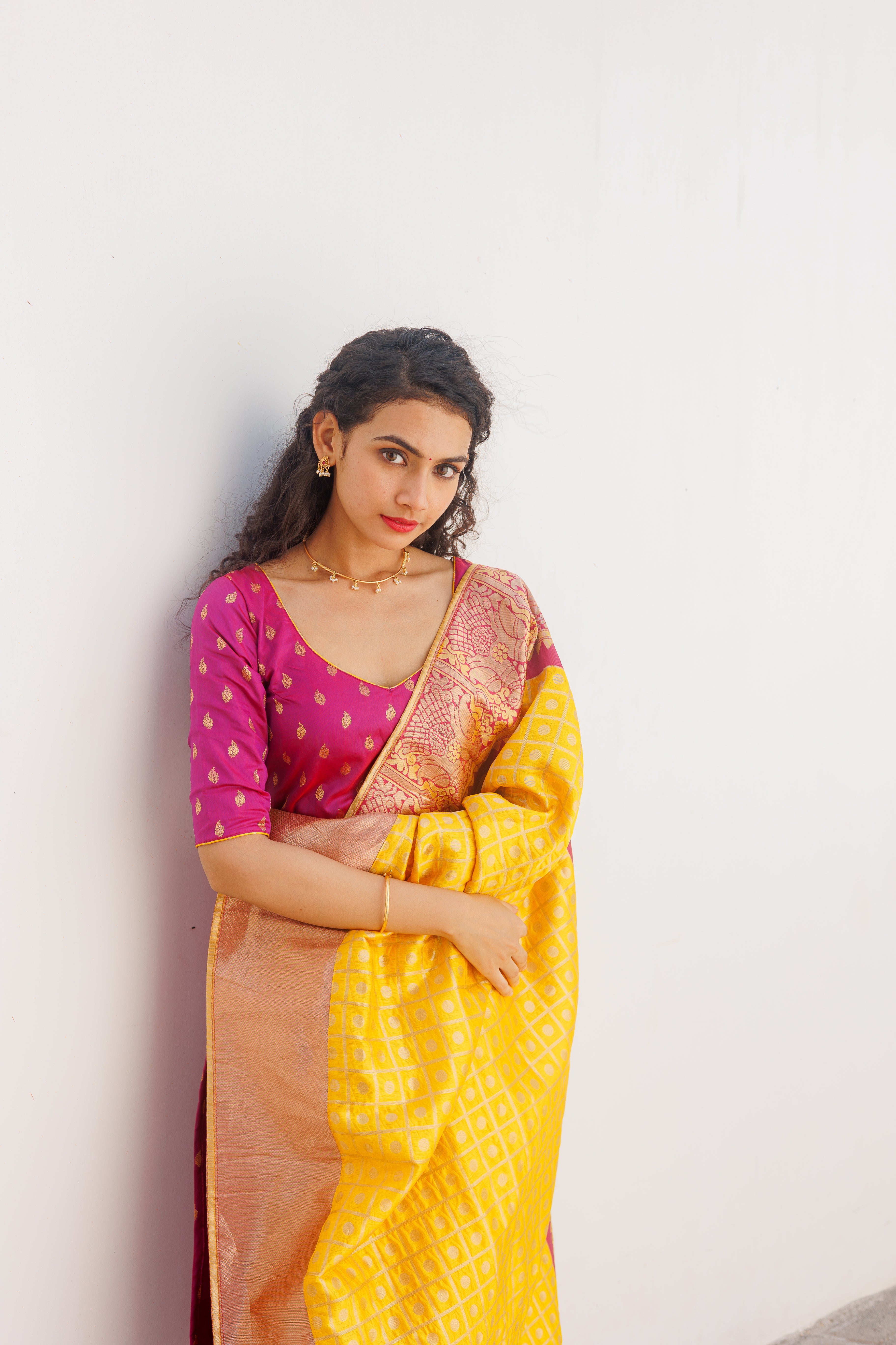 Pink Ethnic Kurta Set for Women with Yellow Banarasi Dupatta Festive Traditional Wear