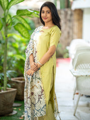 Lime Green Kurta Set with Floral Printed Dupatta for Women Elegant Ethnic Wear