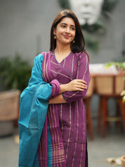 Purple Striped Kurta Set with Teal Dupatta for Women Elegant Traditional Ethnic Wear