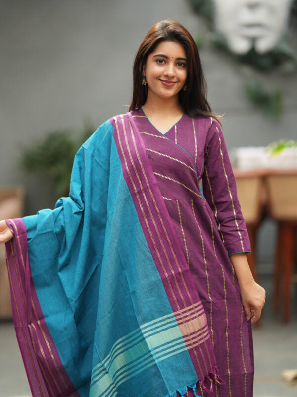 Purple Striped Kurta Set with Teal Dupatta for Women Elegant Traditional Ethnic Wear