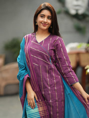 Purple Striped Kurta Set with Teal Dupatta for Women Elegant Traditional Ethnic Wear