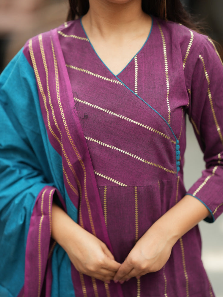 Purple Striped Kurta Set with Teal Dupatta for Women Elegant Traditional Ethnic Wear