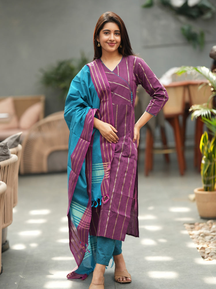 Purple Striped Kurta Set with Teal Dupatta for Women Elegant Traditional Ethnic Wear