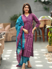 Purple Striped Kurta Set with Teal Dupatta for Women Elegant Traditional Ethnic Wear
