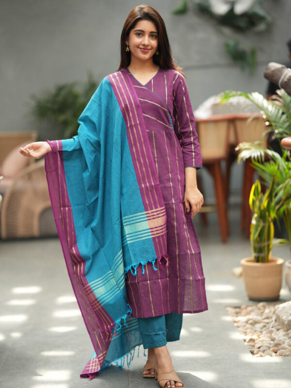Purple Striped Kurta Set with Teal Dupatta for Women Elegant Traditional Ethnic Wear