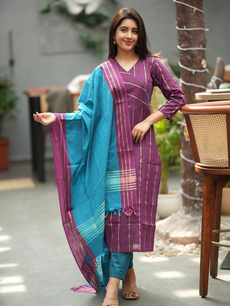 Purple Striped Kurta Set with Teal Dupatta for Women Elegant Traditional Ethnic Wear