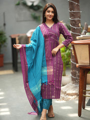Purple Striped Kurta Set with Teal Dupatta for Women Elegant Traditional Ethnic Wear