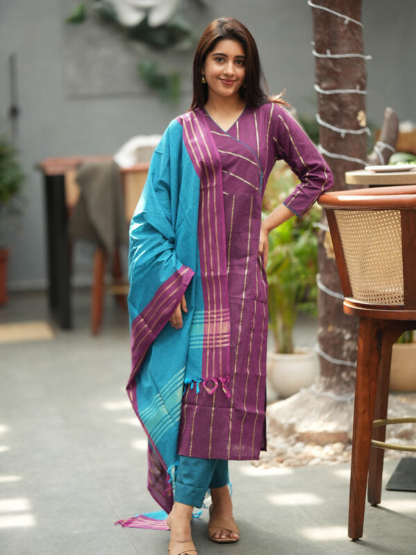 Purple Striped Kurta Set with Teal Dupatta for Women Elegant Traditional Ethnic Wear