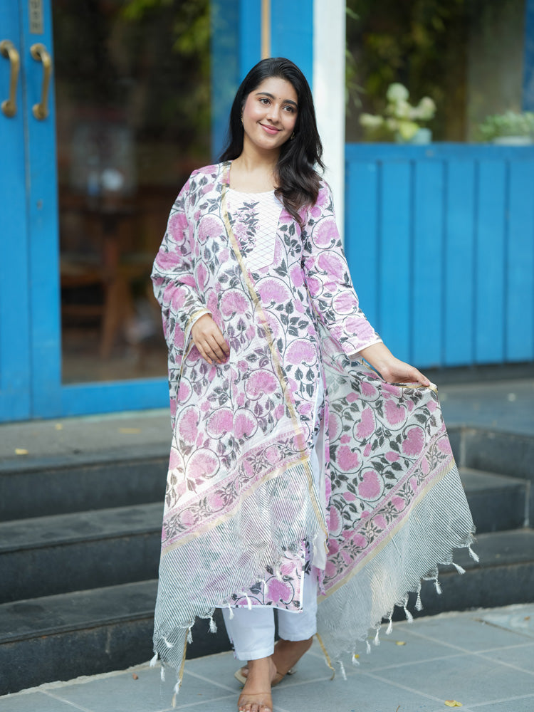 Pink Floral Printed Kurta Pant Dupatta Set for Women Elegant Ethnic Cotton Suit