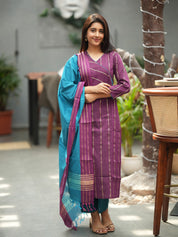 Purple Striped Kurta Set with Teal Dupatta for Women Elegant Traditional Ethnic Wear
