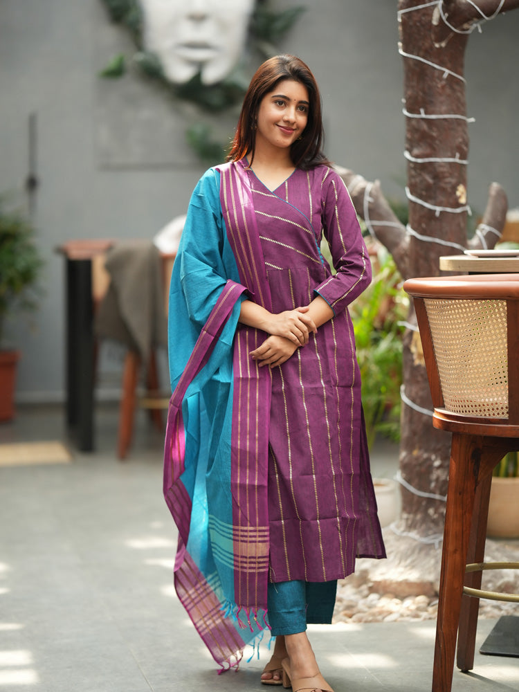 Purple Striped Kurta Set with Teal Dupatta for Women Elegant Traditional Ethnic Wear