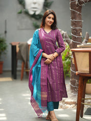 Purple Striped Kurta Set with Teal Dupatta for Women Elegant Traditional Ethnic Wear