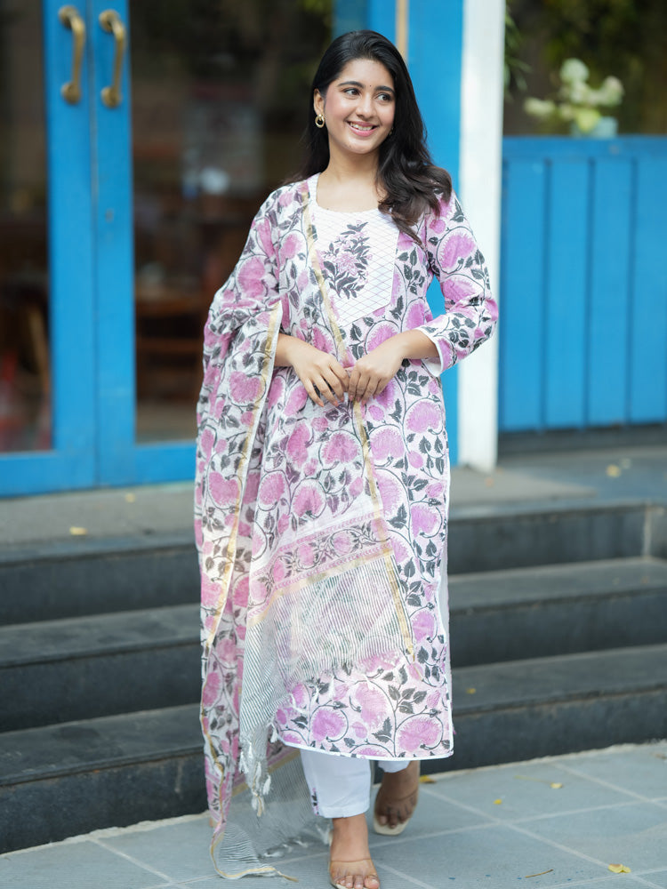Pink Floral Printed Kurta Pant Dupatta Set for Women Elegant Ethnic Cotton Suit