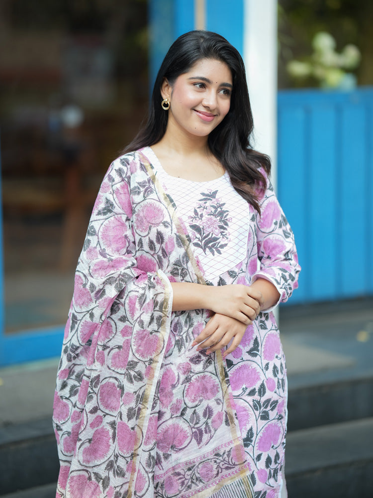 Pink Floral Printed Kurta Pant Dupatta Set for Women Elegant Ethnic Cotton Suit