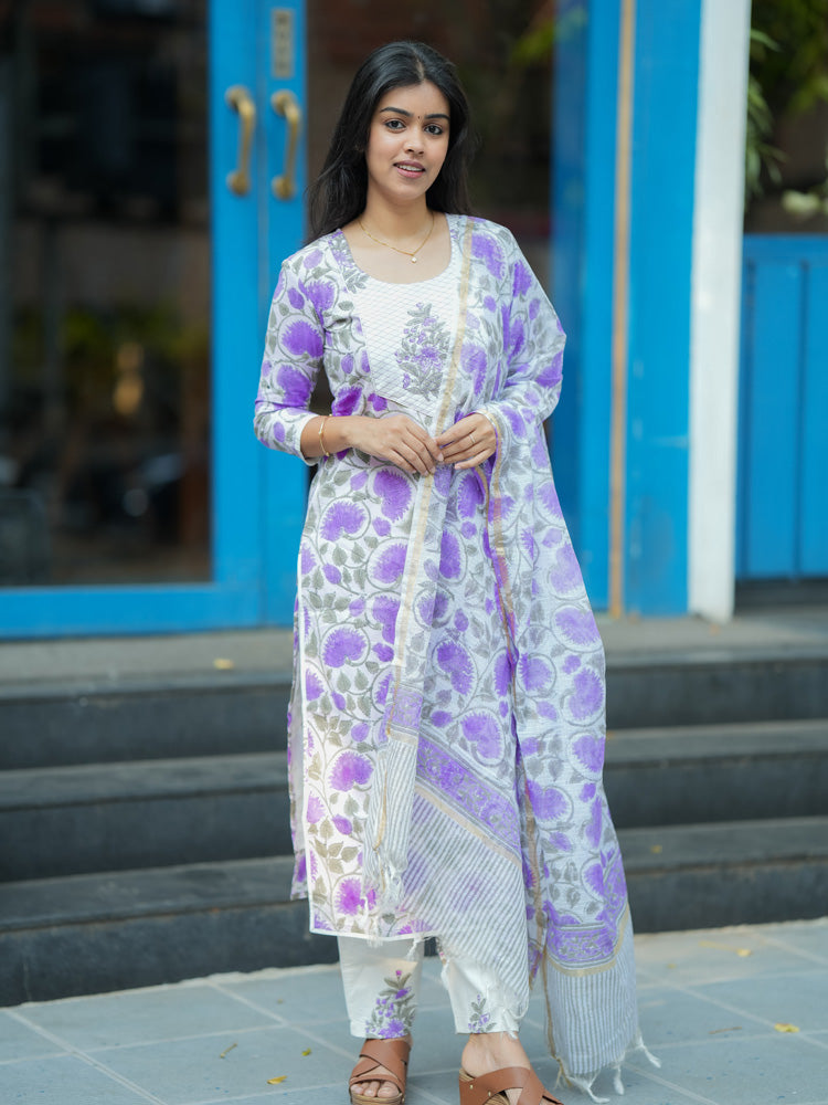 Lavender Floral Printed Kurta Pant Dupatta Set for Women Elegant Ethnic Cotton Suit