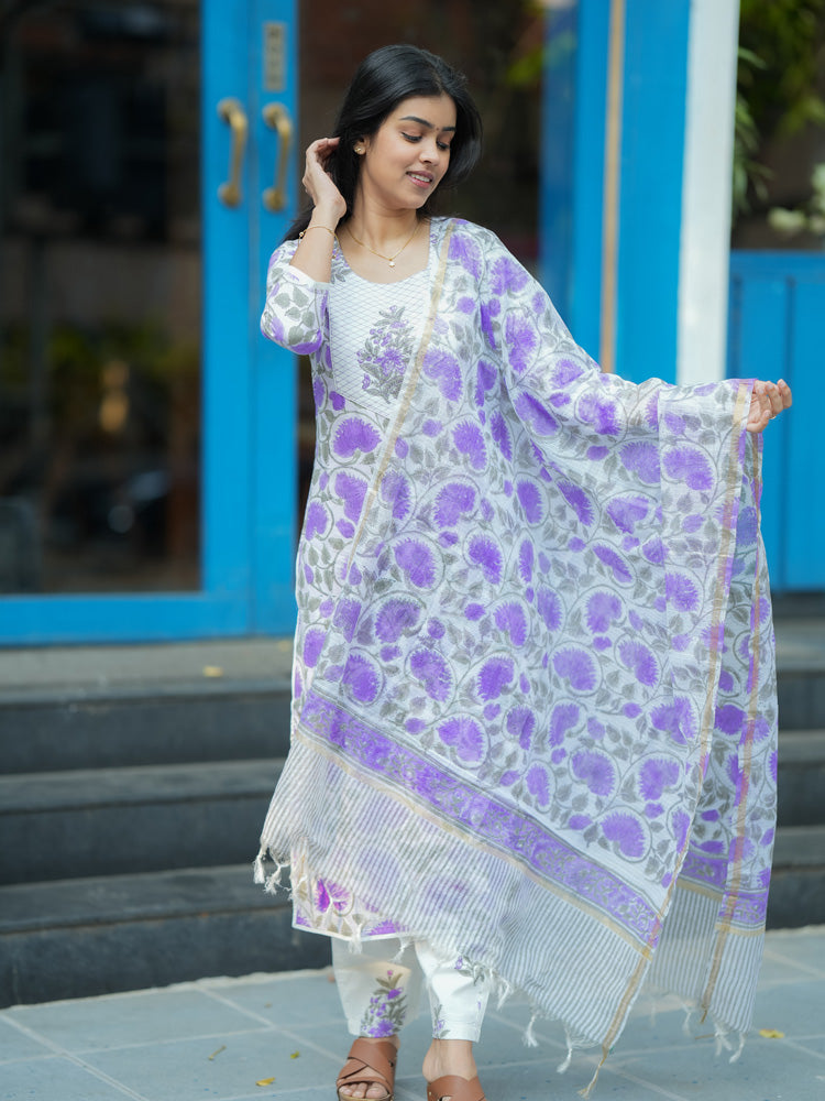 Lavender Floral Printed Kurta Pant Dupatta Set for Women Elegant Ethnic Cotton Suit