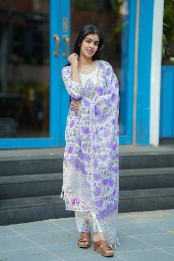Lavender Floral Printed Kurta Pant Dupatta Set for Women Elegant Ethnic Cotton Suit