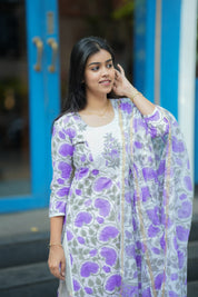 Lavender Floral Printed Kurta Pant Dupatta Set for Women Elegant Ethnic Cotton Suit