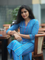 Sky Blue Printed Cotton Kurta Pant Set for Women | Elegant Straight Fit Ethnic Wear
