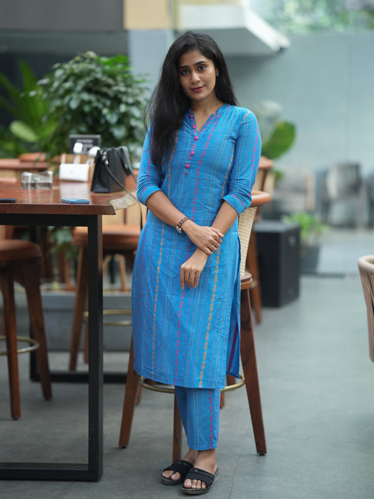 Sky Blue Printed Cotton Kurta Pant Set for Women | Elegant Straight Fit Ethnic Wear