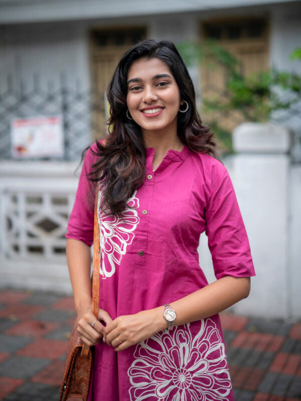 Fuchsia Floral Printed Kurta Set for Women Stylish Casual Ethnic Wear