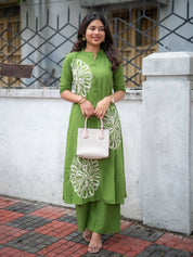Olive Green Floral Printed Kurta Set for Women Elegant Casual Ethnic Wear
