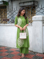 Olive Green Floral Printed Kurta Set for Women Elegant Casual Ethnic Wear