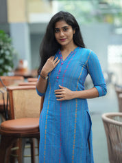 Sky Blue Printed Cotton Kurta Pant Set for Women | Elegant Straight Fit Ethnic Wear