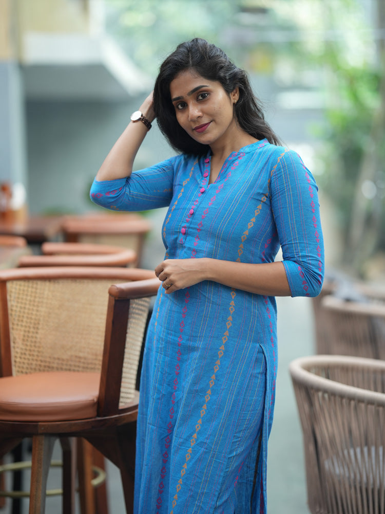 Sky Blue Printed Cotton Kurta Pant Set for Women | Elegant Straight Fit Ethnic Wear