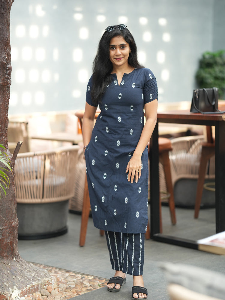 Navy Blue Printed Kurta Pant Set for Women Elegant Cotton Ethnic Wear