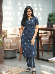 Navy Blue Printed Kurta Pant Set for Women Elegant Cotton Ethnic Wear