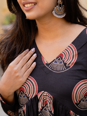 TheHandStitch Noir Orbit Peplum Top for Women Black Printed Fusion Wear