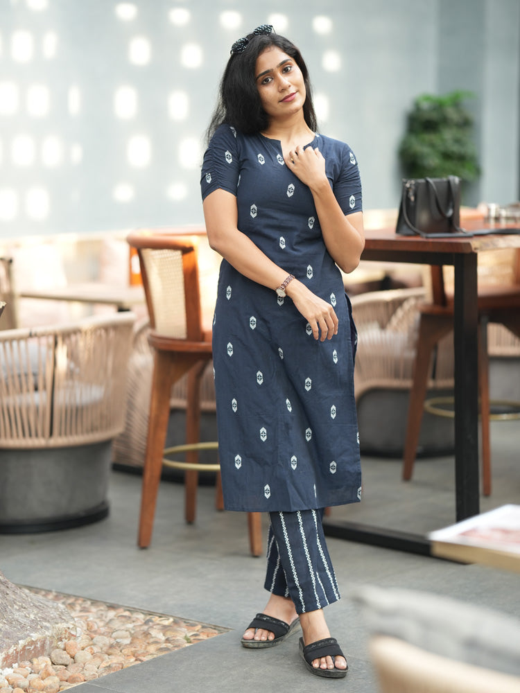 Navy Blue Printed Kurta Pant Set for Women Elegant Cotton Ethnic Wear